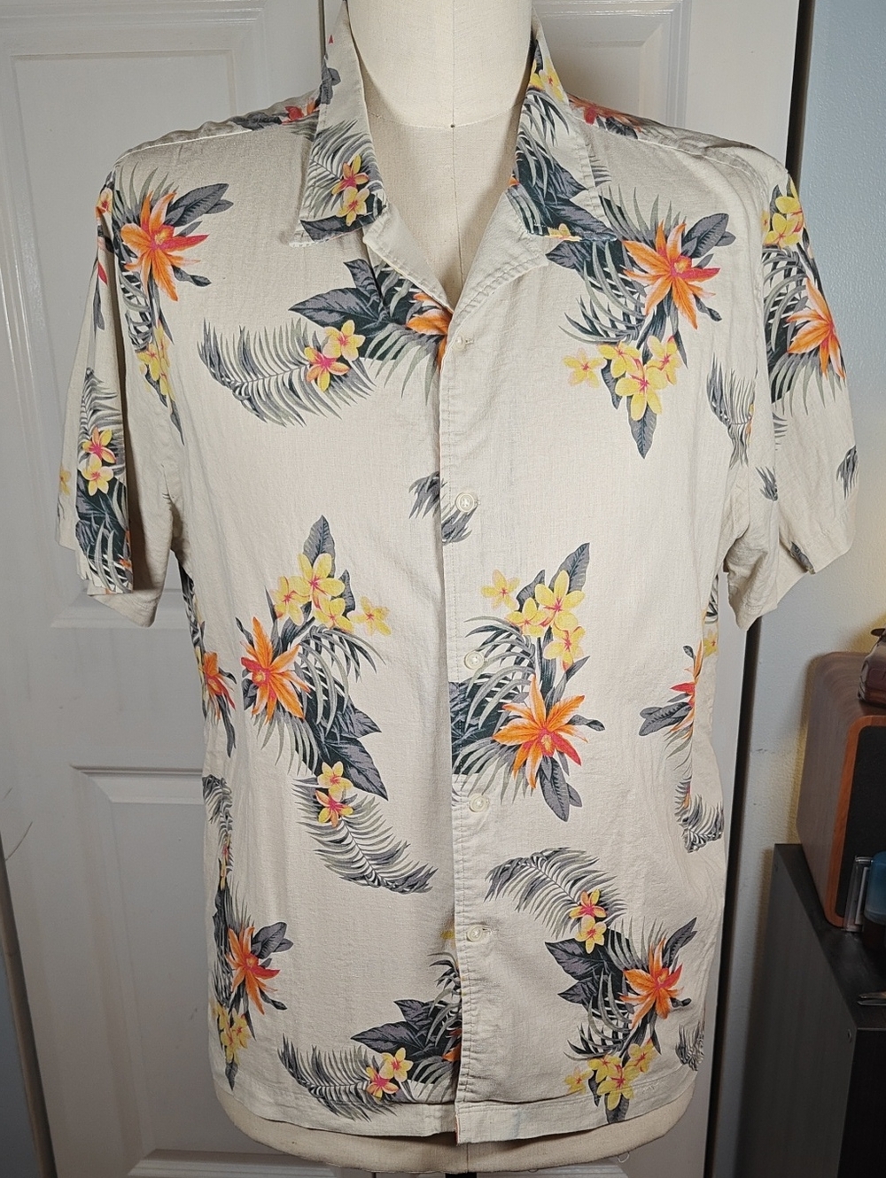 Jos. A. Bank Men's Cream Linen Blend Orange Floral Short Sleeve Shirt XXL